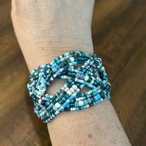 Blue and White Seed Bead Cuff Bracelet